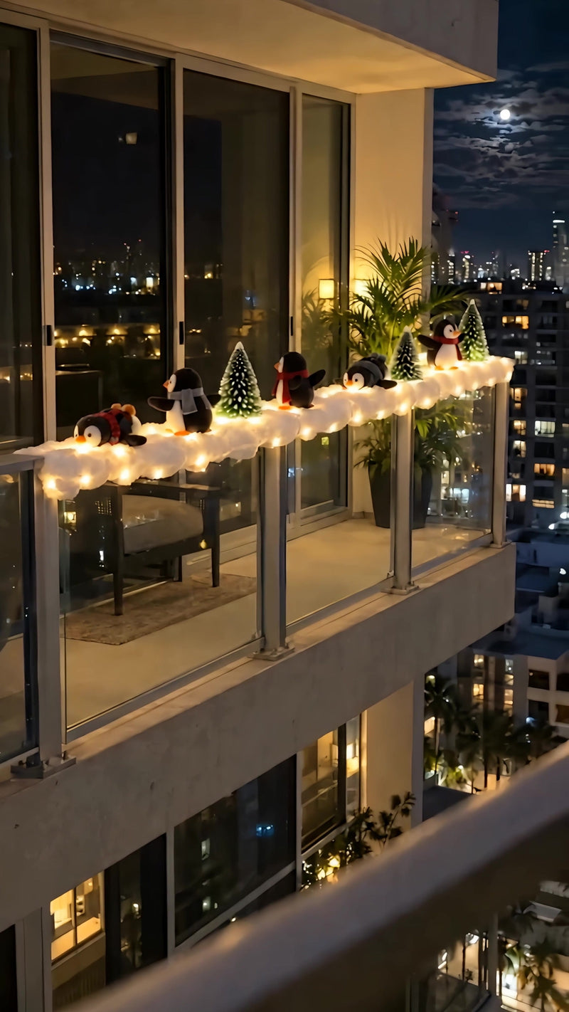 Balcony with the penguin snow garland seen from outside